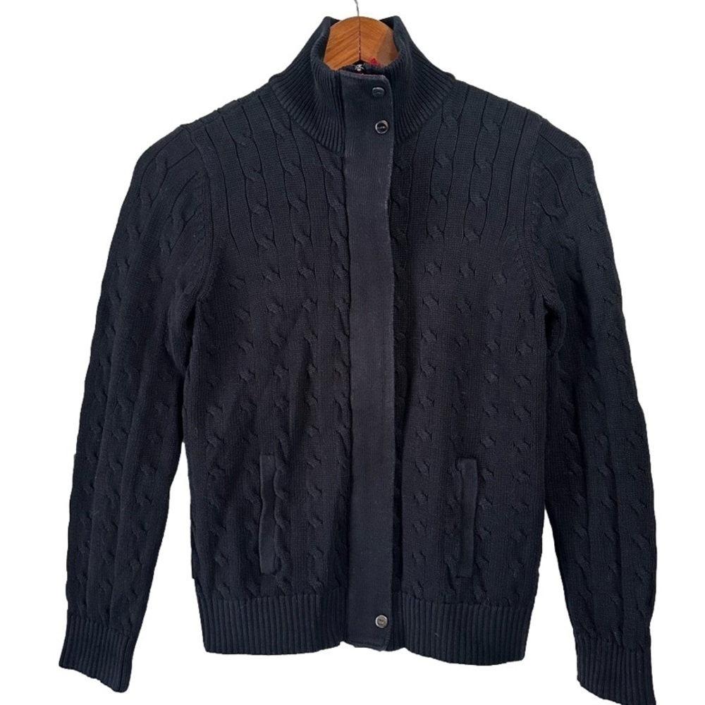Ralph Lauren Black Cable Knit Zip-Front Jacket